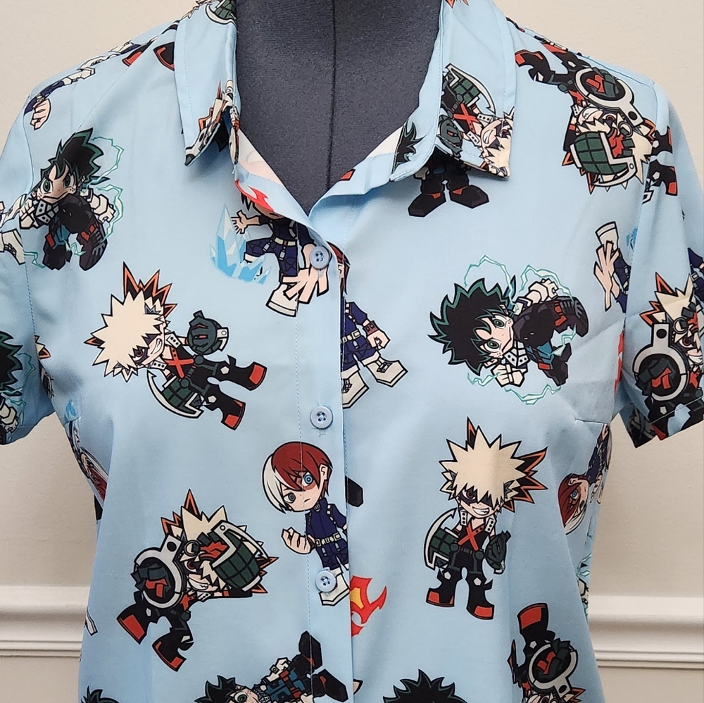 My Hero Academia Chibi Anime Button-up Blue Shirt XL by Hot Topic